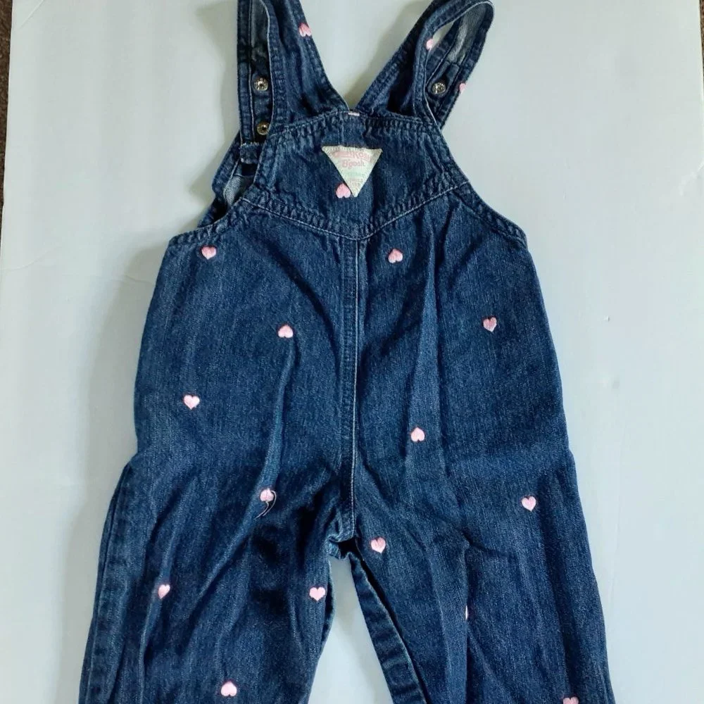 Oshkosh Girls Overalls Denim Jean Hearts Embroidered 18 Months